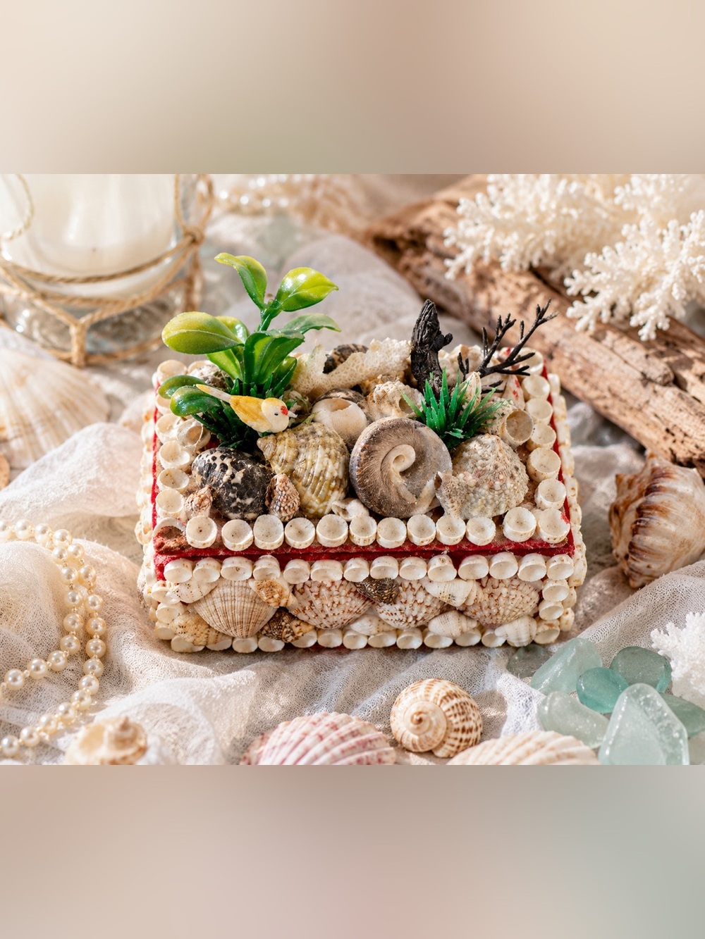 Coastal Seashell Trinket Box Beach Cottage Decor Vintage Handmade
